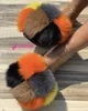 2023 Slides Fluffy Women Cute Real Real Fox Sandals Mixed Colors Pom Design Flip Flops Luxury Fur Slippers Woman T231104