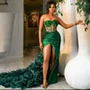 Hunter Green Evening Dresses Front Split Beading Back Hollow Sequined Draped Pleated With Long Train Prom Dress Second Reception Party Gowns African Wear