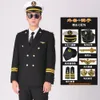 Bühnenkleidung, Kreuzfahrtschiff, Kapitän, Marineuniform, Matrose, Besatzungsmitglied, schwarzer Hut, Mantel, Hose und Accessoires, Herren, Frühlings- und Herbstanzug, Yacht-Arbeitsset