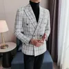 Men's Suits & Blazers Fashion Plaid Korean Blazer Double Breasted Men Business Wedding Casual Suit Jacket Autumn Winter Social Tuxedo Host D