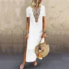 Chemisiers pour femmes 40 # Boho Print Dress Femmes Col en V Fente Latérale Bohème Robes Coton Lin Plus La Taille Élégant Casual Shift Maxi Vestidos