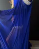 Robes de soirée en satin à épaules dénudées 2023 avec Cape Long Sexy High Slit Prom Pageant Party Robes Black-Tie Gala Robe De Soiree Royal Blue Sage Crystals Beading Straps