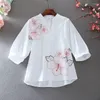 Women's Polos Tunic White Shirt Women Chiffon Flower Embroidery Blouse V Neck Office Ladies Tops Casual High Quality Summer Puff Sleeve