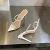 Gianvit Ross High Heel 슬리퍼 디자이너 패션 샌들 10.5cm 여성 고급 크리스탈 장식 미세 리본 파티 연회 신발 여름 캐주얼 오픈 발가락