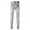 Mens Jeans Fashion Style Light Blue Slim Fit Distressed Streetwear Bandanna Patchwork Skinny Stretch Holes High Street Ripped 230404