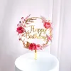 Festliga leveranser Grattis på födelsedagen Cake Topper Feather Flower Acrylic Decoration for Wedding Anniversary Mother's Day Baking Insert