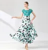 Stage Wear Ballroom Dancewear Smooth Dress Green Red Black Short Sleeve Flower Print Adult Women 9076