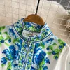 Vrouwen Casual Jurken Lente Zomer 2024 Runway Fashion Bloemenprint Vintage Jurk Stand Hals Lange Lantaarn Mouw Mini-jurk met Riem