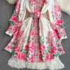 Kvinnor Casual Dresses Spring Summer 2024 Runway Fashion Flower Print Vintage Dress Stand Neck Long Lantern Sleeve Belted Mini Dress