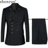 Shenrun Männer Anzüge Slim Fit Neue Mode Anzug Zweireiher Spitze Revers Marineblau Schwarz Hochzeit Bräutigam Party Prom Dünne kostüm 200266h