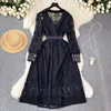 Basic Casual Women Dresses Runway Designer See Through Vintage Party Dress Women's V-Neck Long Sleeve Black Lace Embroidery Patchwork Belt Midi Vestidos 2024