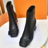 Bottines classiques en cuir de vache pour femmes, imprimés classiques, bottes de styliste, talons épais de 5.5CM, bout carré, chaussures de fête noires