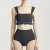 Women's Swimwear Sexy High Waist Bikini Women Solid Black Ruffle Biquini Crop Top Swimsuit Push Up Straps Pad Bathing Suit Korea Style