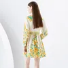 Floral Party Mini Vacation Dress Woman Designer Puff Sleeve Stand Collar Slim Ruched Party Dresses With Belt 2023 Spring Autumn Single-Breasted Runway A-Line Frocks