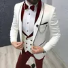 Men's Suits Blazers Slim Fit Casual Men 3 Piece Groom Tuxedo for Wedding Prom Burgundy and White Male Fashion Costume Jacket Waistcoat Pants 230404