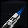 Lighters Double Cross Flame Butane Torch Lighter Outdoor Metal Portable Long Strip Windproof Gas Cigarette Cigar Gadgets For Men Drop Dhzbk