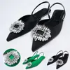 أحذية مدببة للسيدات في صندل ، وأحذية ماس خضراء عارية خضراء منخفضة الكعب ظهر أحذية سترابي للنساء الصنادل 230403