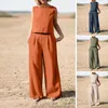 Tweedelige broek van dames 2 stks/set eenvoudige casual outfit dunne top set o-neck pure color wide been lange broek cool