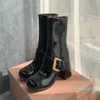 2023-Designer Women's High Heels Mary Jane Short Stretch Nude Chunky Heel 7Cm Fashion Boots Size 35-40