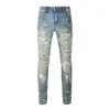 Mens Jeans Streetwear Fashion Distressed Silm Fit Light Blue Damaged Holes Tie Dye Bandana Patchwork Ripped Stretch Graffiti 230404