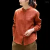 Blouses Femmes QPFJQD Dames Lin Sable Lavé Chemise O-Cou Lâche Bouton Chemises 2023 Printemps Femmes Rétro Simple Blouse À Manches Longues Solide