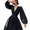 Robes décontractées Femmes Puff Sleeve Polka Dot Maxi Robe Élégante Soirée Formelle Été Dames Longue Profonde Col En V Robe