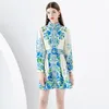 Floral Party Mini Vacation Dress Woman Designer Puff Sleeve Stand Collar Slim Ruched Party Dresses With Belt 2023 Spring Autumn Single-Breasted Runway A-Line Frocks