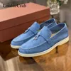 Dress Shoes Summer Walk Loafers LP Women Flat Khaki Suede Casual Moccasin Leather Tassel Metal Lock Lazy Slip On Mules Master Quality 230404