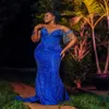 2023 Árabe Aso Ebi Royal Blue Mermaid Prom Dress Lantejoulas Lace Vestidos de Noite Frisado Aniversário Noivado Segundo Vestido Vestido Mulheres Formal Wear WD039