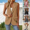 Women's Suits Women Stylish Sleeveless Lapel Single Button Mid Length Suit Coat With Patch Pockets For Formal Business Commute Loose