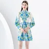 Floral Party Mini Vacation Dress Woman Designer Puff Sleeve Stand Collar Slim Ruched Party Dresses With Belt 2023 Spring Autumn Single-Breasted Runway A-Line Frocks