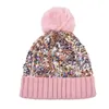 Chapeau d'hiver en relief à paillettes Mode capricieuse Causal Hiver Bonnets élégants avec Pom Pom Femmes Chapeau de Noël en tricot chaud à paillettes DF315