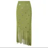Ch04 verão boho roupas boêmio vintage borla retalhos malha verde cintura alta saia longa feminina elegante bainha saia