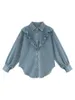 Womens Blouses Shirts Women Sweet Denim Ruched Loose Slim Tiered Ruffles Jean Long Sleeves Tops Basic Female Blouse 230404