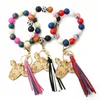 2023 Cow Beads Leather Tassel Cute Cow Wood Bull Wooden Bead Wristlet Sliced Beef Head Western Denim Bracelet Cow Print Keychain FY3451 bb0401