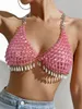 Women's Tanks Sexy Pink Halter Metal Rhinestone Corset Crop Top Women Summer See Through Beach Party Club Tank Y2k Womens Tops Rave Outfit