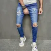 2023 Nieuwe streetwear heren blauw gescheurde skinny jeans mode slanke elastische gat rauwe rand hiphop rock mannelijke jeugd denim broek