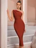 Casual Dresses 2023 Summer Formal Occasion For Elegant 50 Year Ladies Elastic Solid Color One Shoulder Midi Length Evening Party Gowns