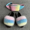 Pantofole Pantofole da donna in pelliccia con borse Scivoli per capelli in vera volpe soffici Sandali pelosi da donna Portafoglio in gelatina in PVC arcobaleno Scarpe da viaggio Set di borse T231104