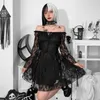 Abiti casual Pizzo floreale nero con spalle scoperte Manica svasata Sexy Chic Abito gotico retrò Abbigliamento vittoriano Donna Harajuku Kawaii