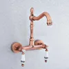 Bathroom Sink Faucets Antique Red CopperWall Mounted Kitchen Basin Swivel Faucet Mixer Tap Double Ceramic Handle Tsf904