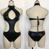 Sexig dräkt kvinnor ihåliga ut sexiga erotiska faux läder tyg mager bodysuit hängande nacke randig bak topp bröst exponering romper bodycon