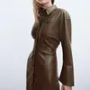 Prrra new original women's PU trench coat designer women's mid-length trench coat brown single breasted coat top Women's jacket clothing show the perfect figure