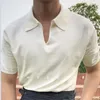 Men's Polos V-neck Men Solid Color Short-sleeved T-shirt Summer British Slim Lapel Knitted Striped Casual Polo Shirt Camisa Masculina