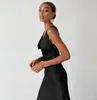 Casual jurken vrouwen passen satijnen elegante lange jurk mouwloze backless v nek solide kleur formeel feest