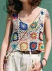 Women's Tanks 2023 Summer Women Hollow Holes Tank Tops Sweet Floral Printed Hand Crochet Embroidery Colorful Wild Stylish Knitted Navel Vest