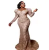2023 Nov Aso Ebi Arabic Mermaid Gold Dress Gold Prom Sheer Neer Seach Lace Solione Formale Formale Secondo ricevimento Accogliente abiti da fidanzamento di compleanno Abiti abiti DE DE HOIRE ZJ044