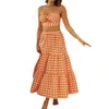 ワークドレス女性セクシーなツーピース服セット格子縞の印刷パターンチューブトップと弾力性のあるウエストビッグヘムスカートブルー/ピンク/オレンジ