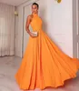 New High Collar Orange Women Evening Dress 2024 Sleeveless Buttons Zipper Back Ruched Chiffon Prom Formal Party Gowns robe de soriee