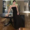 Casual Dresses Fashion Korean Style Women Retro Sexig stropplös Maxi Party Club Dress Temperament Elegant Robe Satin Beach Vacation Kvinna